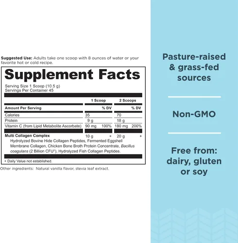 Vista 3 de Ancient Nutrition Proteína en polvo multicolágeno, sin sabor, 60 porciones + polvo de proteína de colágeno múltiple, vainilla, 45 porciones