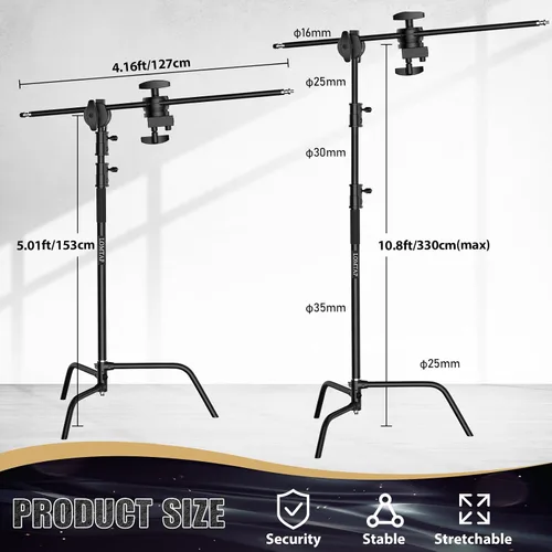 Vista 3 de LOMTAP - Soporte C para luz de fotografía en metal inoxidable - Kit resistente con poste vertical de 10.8 pies/3.3 metros, brazo de pluma de 4.2
