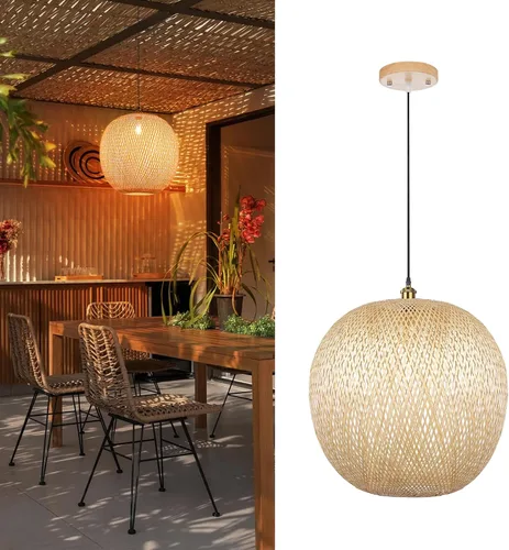 Vista 2 de Arturesthome Luces Colgantes de Bambú de 15.7", Candelabro de Mimbre Redondo, Pantalla de Lámpara de Canasta Boho Tejida a Mano, Luz de Techo