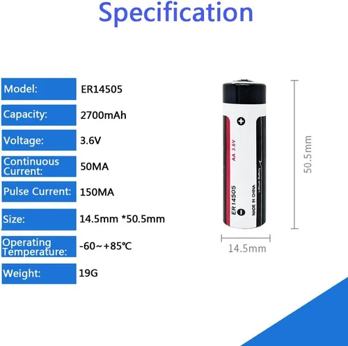 Vista 2 de Paquete de 4 baterías de litio ER14505 de 3.6 V tamaño AA de 2700 mAh batería de cloruro de tionilo (no recargable)..