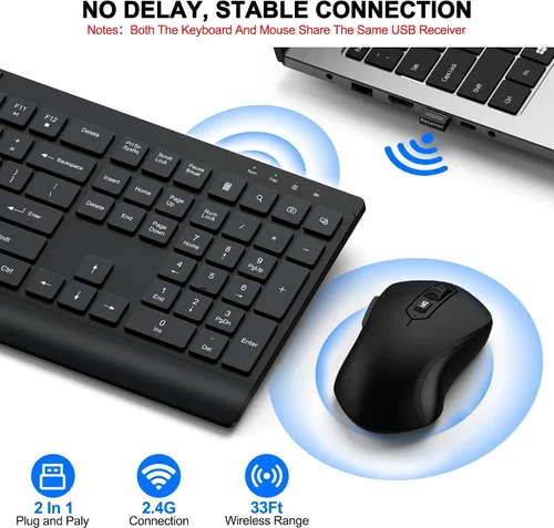 Vista 4 de Combo de teclado y mouse inalámbricos, teclado de computadora silencioso de tamaño completo y ratones inalámbricos con 3 DPI ajustables, 2.4G sin