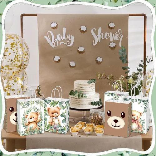 Vista 6 de Yeaqee - 24 bolsas de regalo de papel con asas para fiesta de oso lindo tema de oso con asas, bolsas de dulces para baby shower, fiestas de bosque