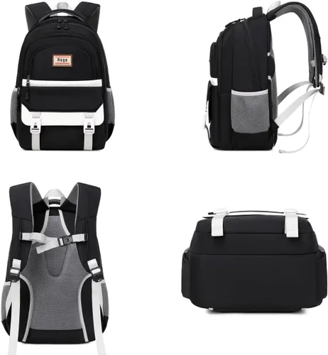 Vista 7 de Asge Mochilas infantiles para niñas, bolsas escolares para libros para adolescentes y niños con compartimento para laptop, diseño ergonómico Negro