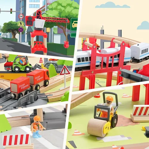 Vista 5 de Juego de Tren de Madera de 104 Piezas para Niños Pequeños, Trenes Magnéticos con Vía para Niños de 3 a 6 Años, Compatible con las Principales