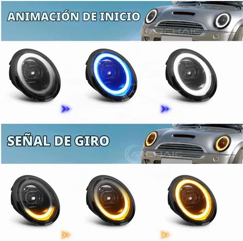 Vista 4 de Archaic Faros delanteros compatibles con Mini Coopers R50 R52 R53 2001-2007, luces delanteras W señales de giro secuenciales, animación DRL, par