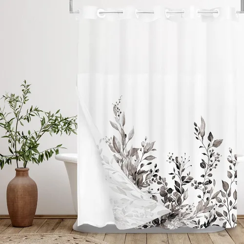 Vista 54 de Tititex - Juego de cortinas de ducha de eucalipto negro, hojas de acuarela gris en la parte superior, con decoración floral de baño, 60 x 72