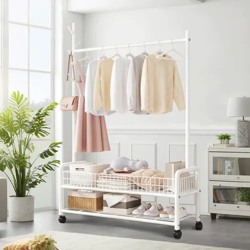 Vista 16 de Perchero con estantes de almacenamiento, perchero resistente con ruedas para dormitorio, sala de estar, organización de lavandería