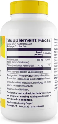 Vista 2 de Healthy Origins Cápsulas veganas de 500 mg de vitamina B5 de ácido pantoténico, alta resistencia, refuerzo de energía y apoyo al metabolismo