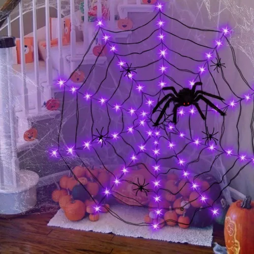 Vista 2 de Luces de telaraña de Halloween Decrations, 70 luces LED de telaraña para decoración de Halloween en interiores y exteriores, impermeables, luces LED