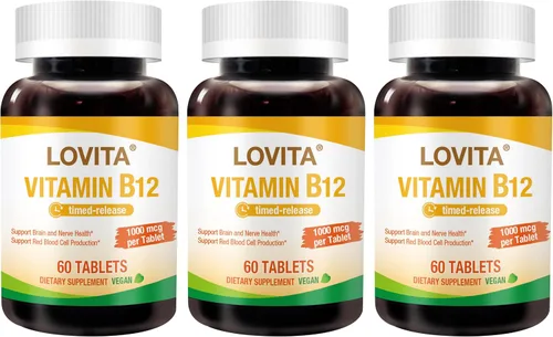 Vista 6 de LOVITA Vitamina B12 de liberación sostenida 1000 mcg (como cianocobalamina), liberación programada, 60 tabletas veganas para apoyo a la salud