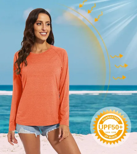 Vista 3 de MAGCOMSEN Camisetas de manga larga para mujer, con protección solar UPF 50+, protección solar, atlético, correr, natación, protección contra