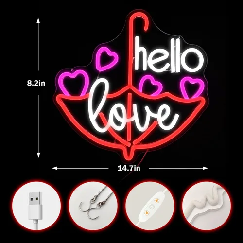 Vista 3 de Letrero de neón para el día de San Valentín, luz LED de neón regulable con texto en inglés «Hello Love» para decoración de pared, letrero de neón