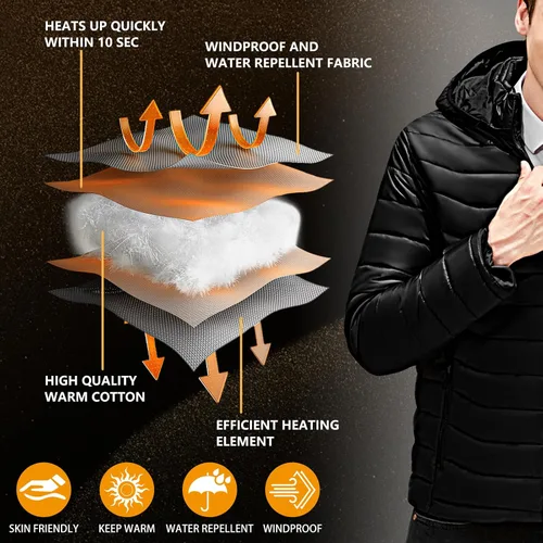 Vista 3 de Snullo Chaqueta acolchada con calefacción eléctrica para hombre, capucha aislada, cortavientos, 4 zonas de calor (batería no incluida)