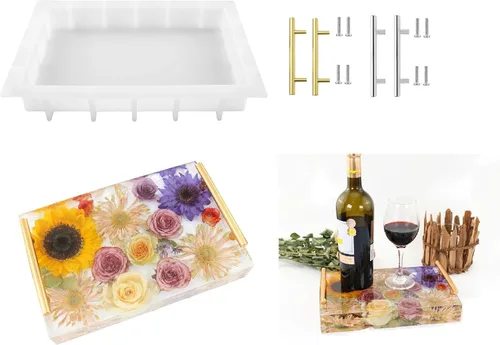 Vista 8 de Moldes de bandeja de resina de silicona, molde rectangular grande de 13.5 pulgadas para bandeja profunda y 4 moldes cuadrados de posavasos