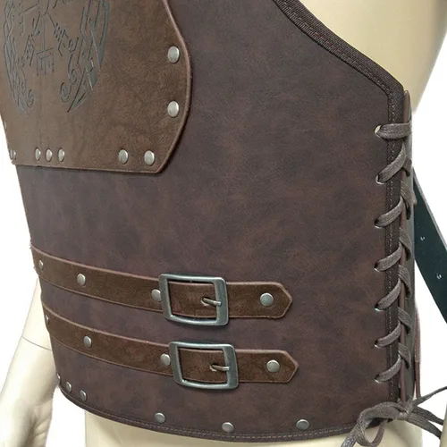 Vista 3 de HiiFeuer Viking Warrior - Armadura de pecho de piel sintética, armadura de cuero retro de caballero, armadura medieval para LARPCosplay