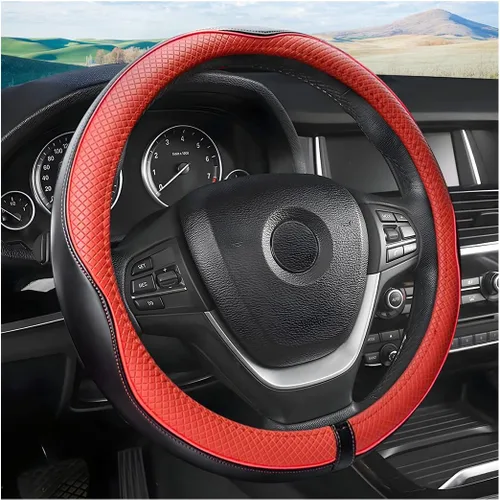 Vista 7 de Funda de cuero para volante, suave, transpirable, antideslizante, protector para automóvil, camión, SUV, ajuste universal de 15 pulgadas