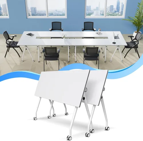 Vista 41 de Mesa de conferencias plegable con ruedas, mesa modular para sala de conferencias con 2 ojales para cables, mesas móviles de sala de reuniones