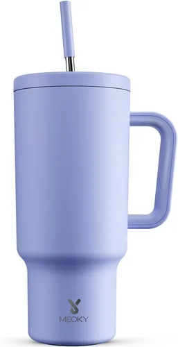 Vista 53 de Meoky - Vaso de 30 oz con asa, tapa y pajilla, taza de viaje térmica de acero inoxidable 100% a prueba de fugas, para portavasos, mantiene el frío