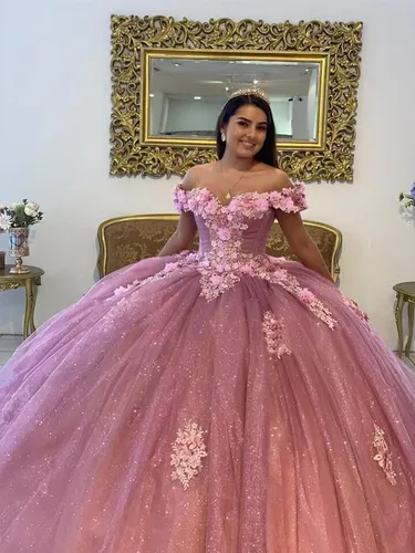 Vista 3 de Youjiayi Vestidos de quinceañera florales 3D con lazo fuera del hombro con cuentas dulces 16 vestidos de encaje hinchado apliques vestido de bola