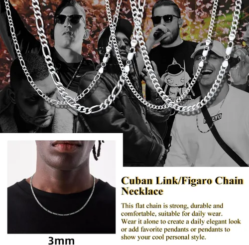 Vista 5 de Cadena de eslabones cubanos de plata 925 maciza de 016 pulgadas 0197in borde plano cadena de eslabones cubanosFigaro joyería de hip hop para hombres
