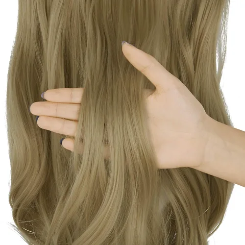 Vista 5 de Extensión de cabello rubio ceniza, rizado, largo, sintético, postizo de cabello rubio, 18 pulgadas, 4.2 oz, con diadema de alambre invisible