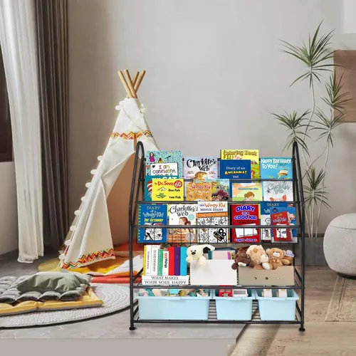 Vista 8 de aboxoo Estantería de metal para niños, grande, independiente, para habitación de los niños, organizador de juguetes de 32 pulgadas, estantería