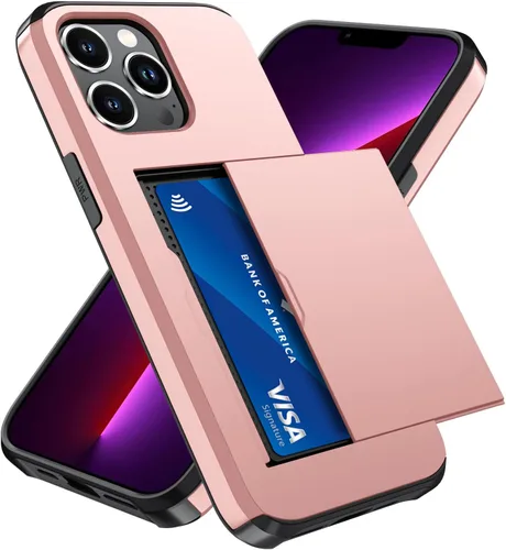 Vista 11 de Qinmay Funda compatible con iPhone 13 con tarjetero, doble capa a prueba de golpes, funda protectora resistente con ranura oculta delgada