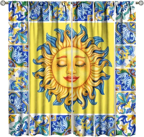 Vista 28 de Cortinas opacas con diseño de sol y luna, cuerpos celestes bohemios, con diseño de sol, luna y estrellas, para sala de estar, dormitorio, 42 x 45