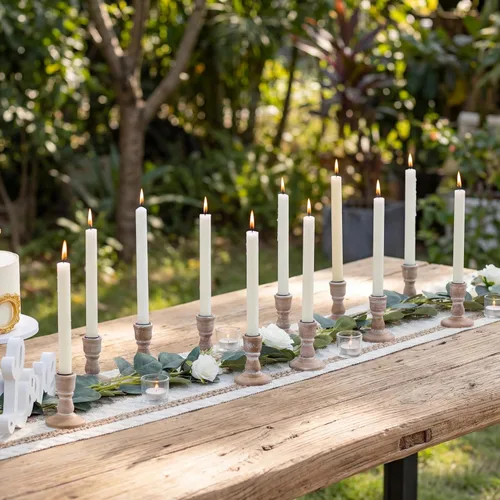 Vista 6 de NUPTIO - Sostenedores de velas cónicas de madera: juego de 2 candelabros de madera rústica marrón - Candelabros vintage pequeños de granja