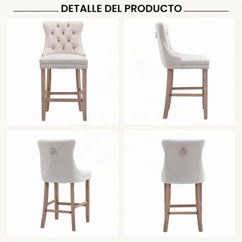 Vista 6 de Juego de 2 Sillas de Comedor, Modernos Taburetes de Bar Tapizados de Terciopelo con Decoración de Botones Capitoné y Patas de Madera, Ribete de Beige