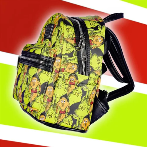 Vista 6 de Loungefly Dr. Seuss The Grinch and Max - Mini mochila de piel sintética con estampado completo, Multi colorido, Viajar