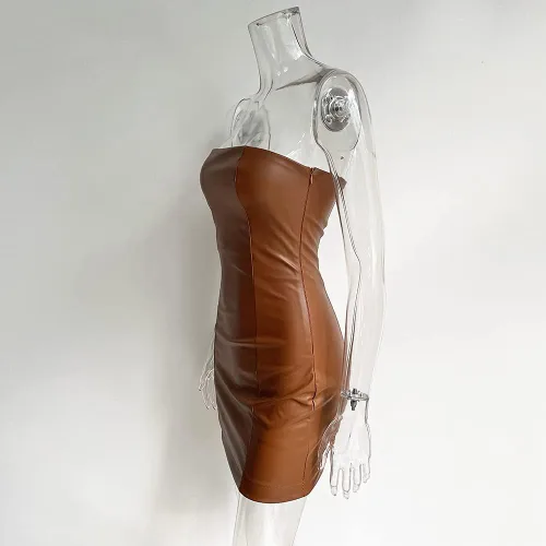 Vista 5 de XLLAIS Vestido sexy de mujer con hombros descubiertos, de piel sintética, sin tirantes, con parte superior de tubo, vestido ajustado para fiesta