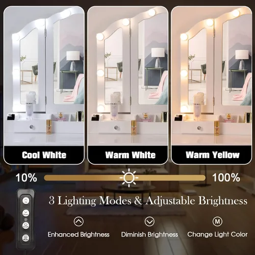 Vista 9 de Escritorio de maquillaje blanco con espejo plegable y luces