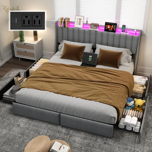 Vista 10 de UINTAI Marco de cama tamaño completo con cabecero y 4 cajones de almacenamiento, cama de plataforma metálica tapizada con respaldo abatido y luces