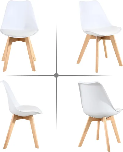 Vista 6 de LSSBOUGHT Sillas de comedor de estilo moderno, silla de plástico Shell Lounge con asiento acolchado suave y patas de madera maciza, juego de 4 Blanco