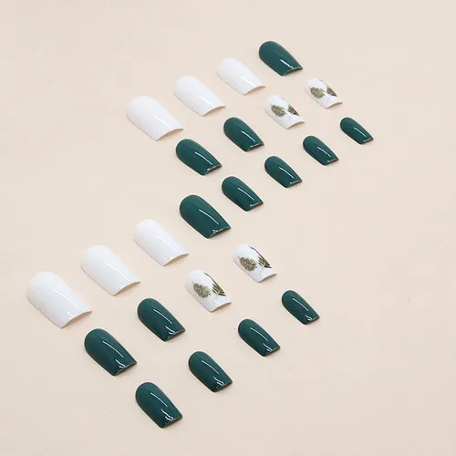 Vista 2 de 24 uñas postizas cuadradas medianas a presión, uñas postizas acrílicas artificiales con diseños de plumas doradas, cobertura completa
