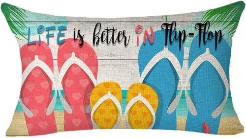 Vista 4 de LIPOR Juego de 4 fundas de almohada lumbares de algodón y lino con texto en inglés "It's Summer Time Life is Better in Flipflok", para sofá, 12 x 20