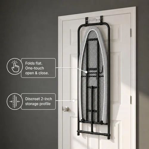 Vista 6 de Household Essentials Tabla de planchar sobre la puerta, cierre automático, delgada y compacta, perfecta para espacios pequeños, incluye cubierta