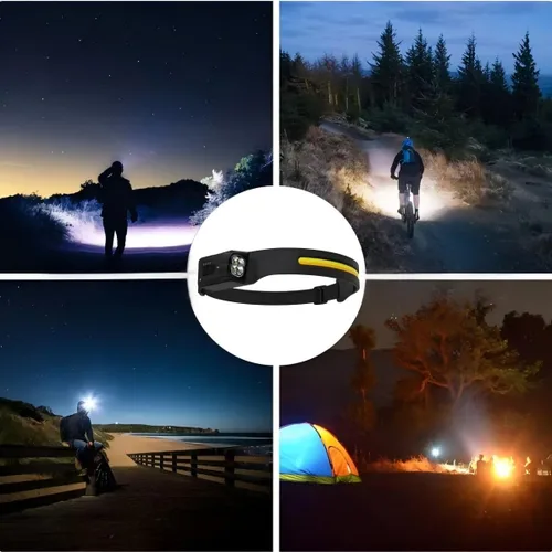 Vista 3 de Linterna frontal recargable: faro LED con un haz ancho de 230° y cabezal de lámpara giratorio de 315° con 7 modos de iluminación con un sensor