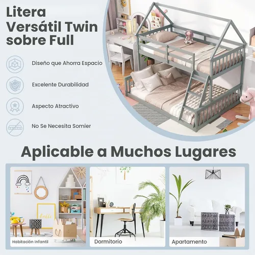 Vista 8 de KOMFOTT - Litera doble de madera con cama individual sobre cama tamaño full con escalera incorporada, marco de litera de madera de pino macizo