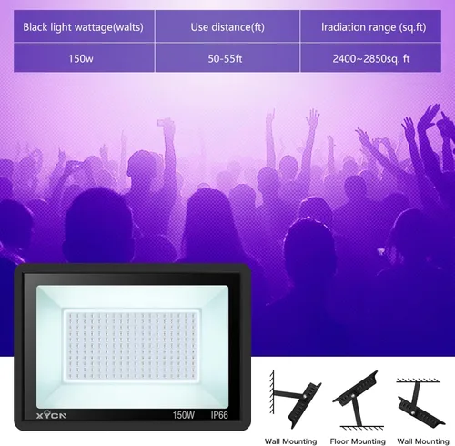 Vista 6 de XYCN Paquete de 2 focos LED de luz negra de 150 W, luz negra con enchufe, impermeable IP66 para fiesta brillante, Halloween, neón brillante