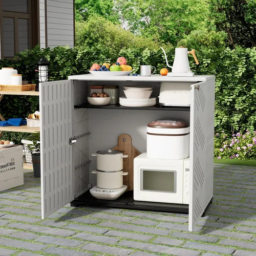 Vista 6 de HOMSPARK Armario de almacenamiento para interiores y exteriores con puertas y 1 estante, caja de almacenamiento de plástico HDPE de 34 x 15 x 34