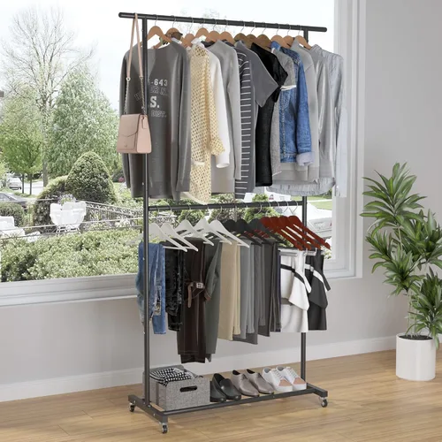 Vista 2 de Sywhitta Perchero de Ropa de Doble Barra Rodante, Organizador de Ropa con Ruedas para Colgar Ropa, Fácil de Ensamblar, Ajustable, Negro