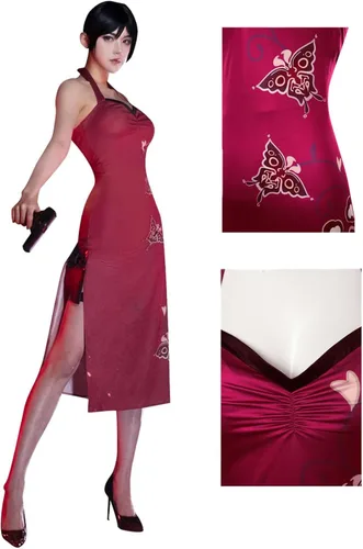 Vista 6 de Verycos Ada Wong Cosplay Cheongsam Re4 - Vestido rojo Remake para mujer, vestido con abertura alta, trajes de mariposa para Halloween