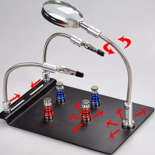 Vista 4 de Herramienta de lupa de soldadura de terceras manos de ayuda, clips de abrazadera de brazos flexibles FEITA con estación de lupa 3X, soporte