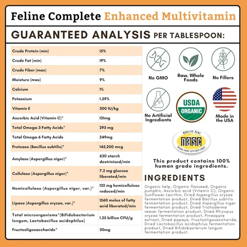 Vista 5 de Wholistic Pet Organics Feline Complete Organic Pumpkin - 4 onzas - Multivitamínico y probiótico en polvo para gatos - Alimento natural para gatos