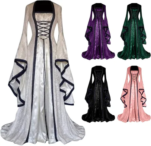 Vista 4 de Vestidos renacentistas para mujer, estilo retro, medieval, victoriano, holgado, manga acampanada, con cordones, vestido de fiesta de máscaras