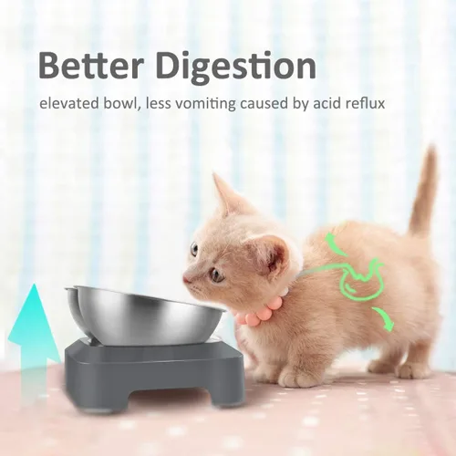 Vista 2 de Tazón de comida para gatos de acero inoxidable AYADA, diseño ergonómico de 15 ángulos, reduce el vómito