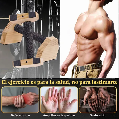 Vista 4 de Soporte de flexión, 2 barras de madera para flexiones, base antideslizante, equipo de entrenamiento en casa, paraletas de madera, soporte de mango