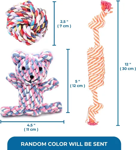 Vista 7 de SunGrow Masticables de algodón con nudo para cachorros, oso de peluche masticable resistente de 4.5 pulgadas, bola de 2.5 pulgadas, cuerda